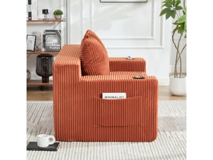 Canapé droit convertible 2 places Velours côtelé orange avec coffre de rangement