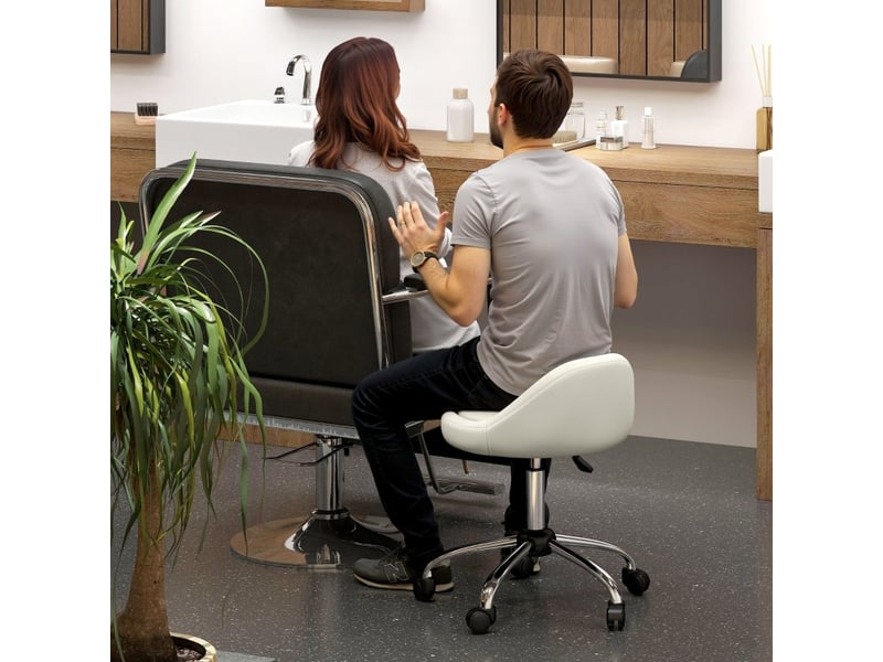  Tabouret de travail à roulettes blanc réglable en hauteur 63-83 cm, assise pivotante rembourrée, idéal au bureau  - Conforama E