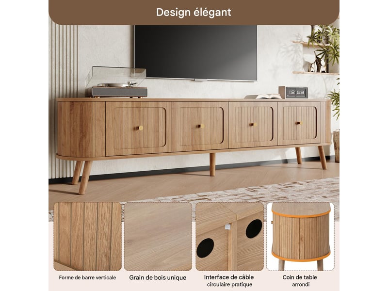  Meuble tv avec 4 portes en mdf et panneau de particules coloris chêne 180x38x47 cm - pangivo  - Conforama D
