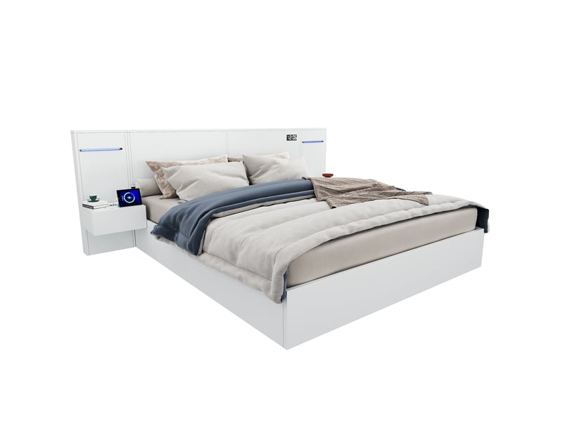  Lit double 180 x 200 cm blanc en mdf avec chevets, éclairage, usb et bluetooth  - Conforama A