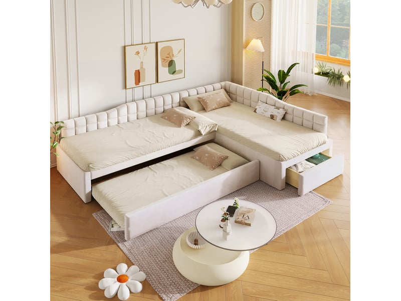  Lit l rembourré 2x90x200 cm, gigogne 90x190 cm, tiroirs gain de place, tissu flanelle douce, mdf, beige sans matelas  - Conforama B