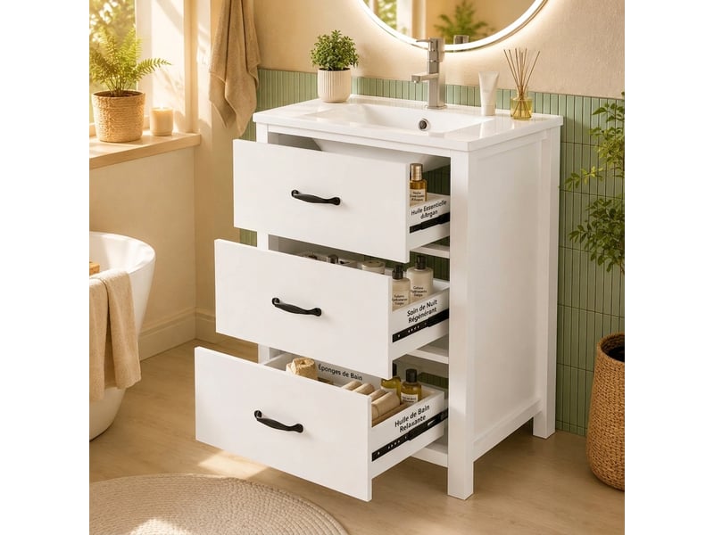  Meuble salle de bain sur pied 61 cm meuble vasque blanc 3 tiroirs  - Conforama D