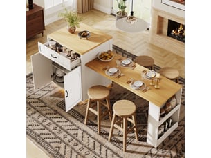 Îlot de cuisine led 60-113 × 70 × 95,5 cm, meuble bar avec table coulissante, desserte buffet fixe avec 2 tiroirs, 4 portes, blanc