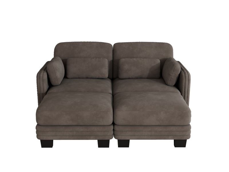 Canapé droit modulable 2 places avec 2 ottomanes en chenille marron 176x143x88 cm - Conforama E