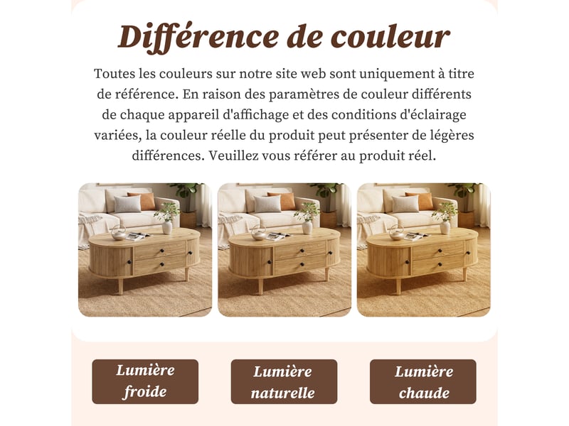  Table basse ovale avec portes coulissantes, 2 tiroirs, 100 x 50 x 40 cm, couleur chêne  - Conforama R
