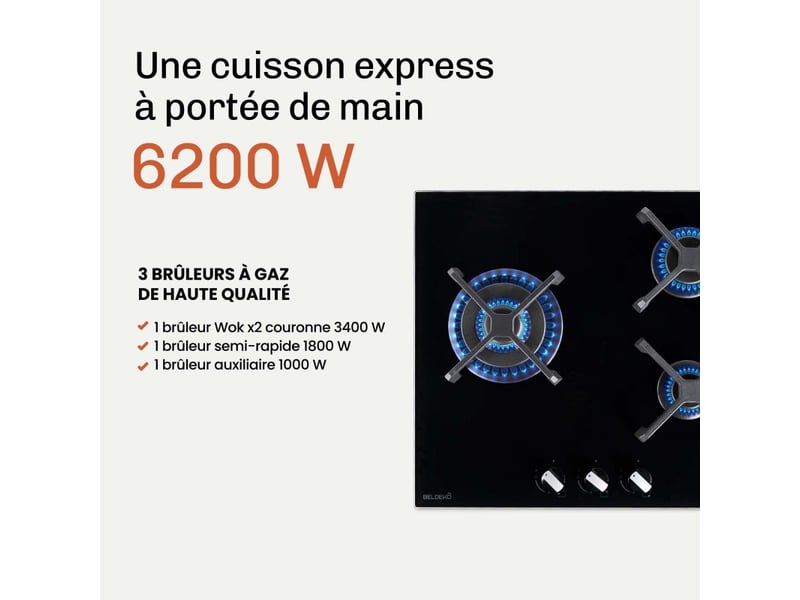  Beldeko plaque de cuisson gaz 3 foyers 60 cm verre noir - grilles fonte - marque française  - Conforama E