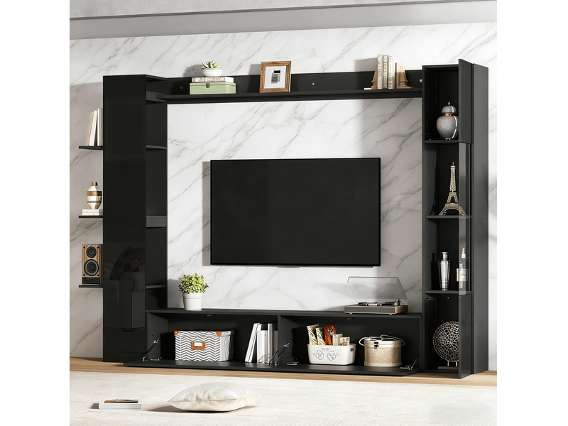  Meuble tv mural ulevr avec rangements 245 x 30 x 170 cm, ensemble 4 pièces en mdf noir, portes abattantes et étagères  - Conforama E