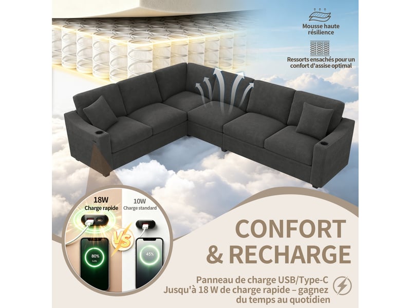  Canapé d’angle modulaire 277 x 215 x 85 cm, 6 places, usb type-c, 2 porte-gobelets, 2 coussins, velours côtelé gris  - Conforama E