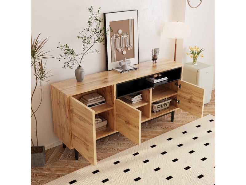  Buffet cuisine salon bas, meuble de rangement, avec 3 portes et étagères, 160 x 35 x 76 cm, naturelle  - Conforama D