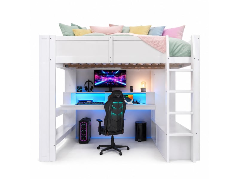 Lit mezzanine enfant 200×140 cm avec bureau, tiroirs, étagères et led, sans matelas, en pin blanc - Conforama A
