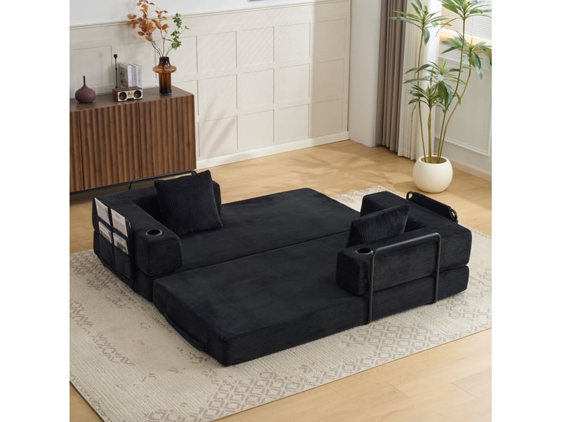  Canapé-lit de sol modenvie convertible 2 places en velours côtelé noir 185 x 92,5 x 60 cm  - Conforama E
