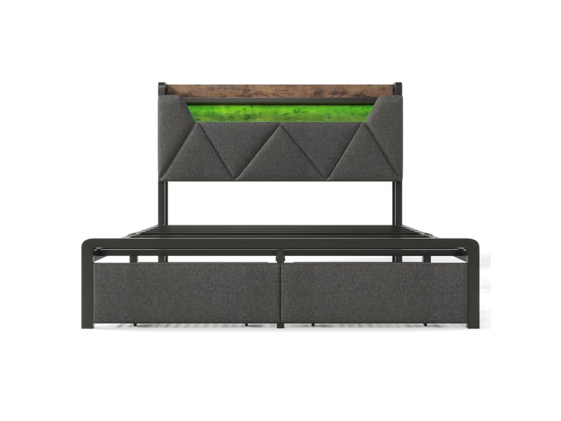 Lit double coffre 160x200 cm led avec tête de lit rangement, usb-c, tiroirs, lin gris, matelas inclus - Conforama A