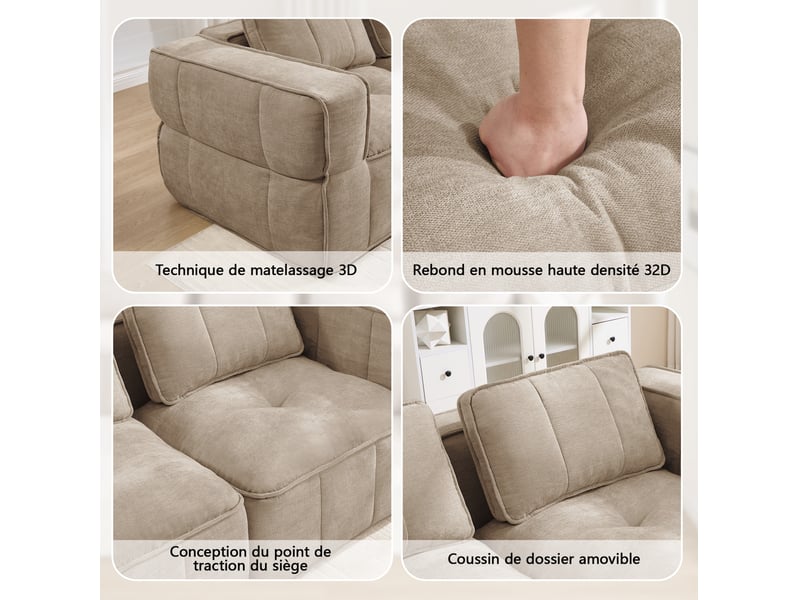  Canapé modulable en u modenvie 4 places avec 2 poufs, mousse haute densité 32d, base antidérapante, revêtement polyester beige, sans montage, 344 x 162 x 67 cm  - Conforama E