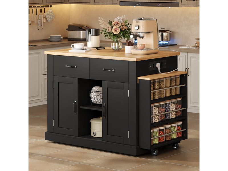 Desserte îlot de cuisine avec table extensible 132(235)x70x90 cm, mdf noir, prises+usb - Conforama W