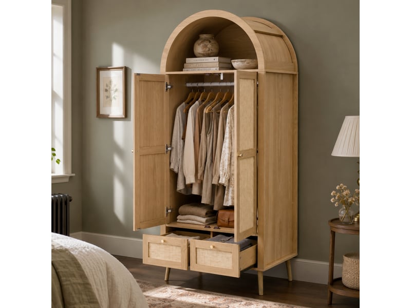  Armoire penderie de chambre 80x55x180 cm - 2 portes et 2 tiroirs - arche et niche ouverte - effet rotin pe - mdf - chêne  - Conforama E
