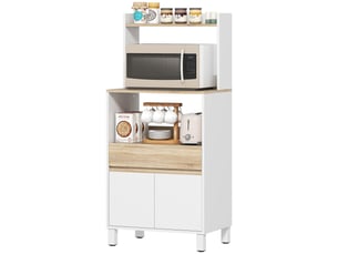 Meuble micro-ondes, buffet de cuisine avec placard, tiroir et étagère, 60 x 40 x 131 cm, chêne et blanc