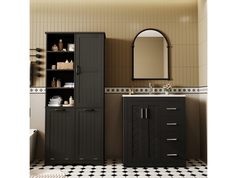 Armoire de salle de bain 78 x 35 x 172,7 cm,noir,panneau mdf laqué,double panier à linge,étagères réglables - Conforama B