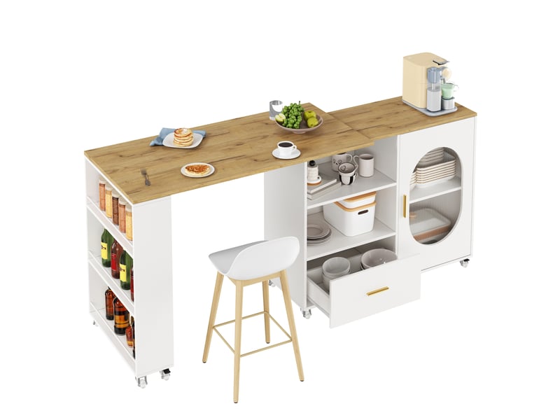  Îlot de cuisine mobile à plateau pivotant 360° 120-180x60x90 cm blanc naturel  - Conforama A