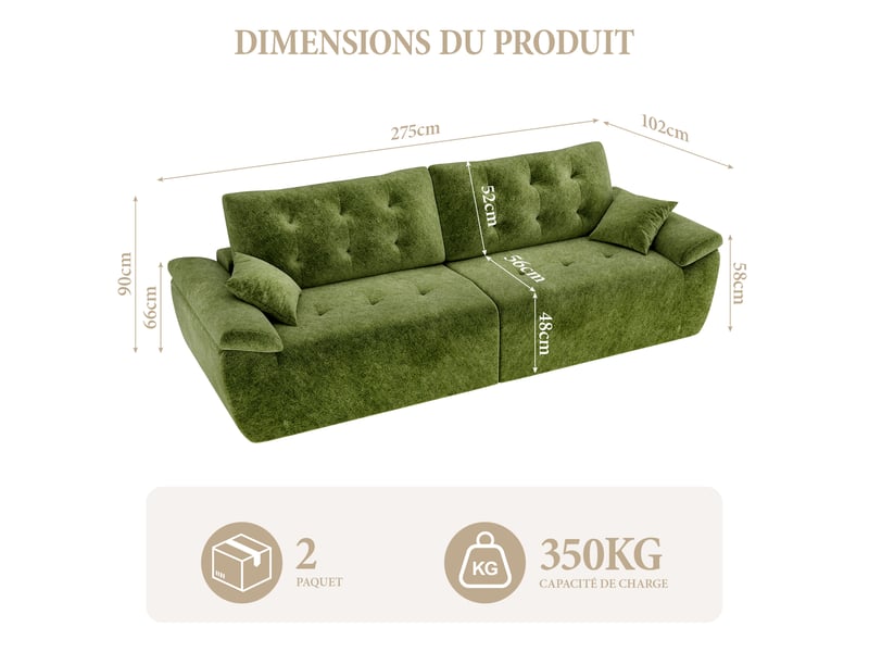  Canapé compressé modulable style nuage scandinave 275cm vert en chenille,mousse compressée haute densité,canapé doux pour salon 275x102x66CM - Conforama E