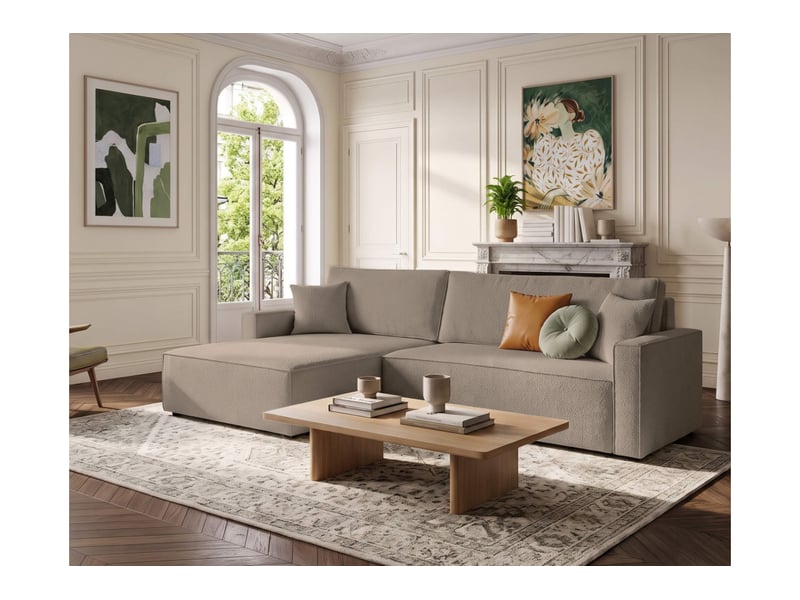  Farah - canapé d'angle max réversible et convertible 5 places accoudoirs slim en tissu bouclettes texturées  - Conforama B