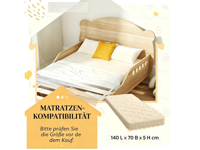  Lit enfant 70x140 cm à barrières mdf naturel, motif ours sans matelas  - Conforama D