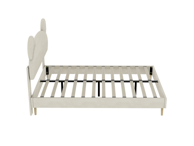  Lit enfant 140x200 cm beige en tissu et métal avec tête de lit à oreilles d’ours  - Conforama R