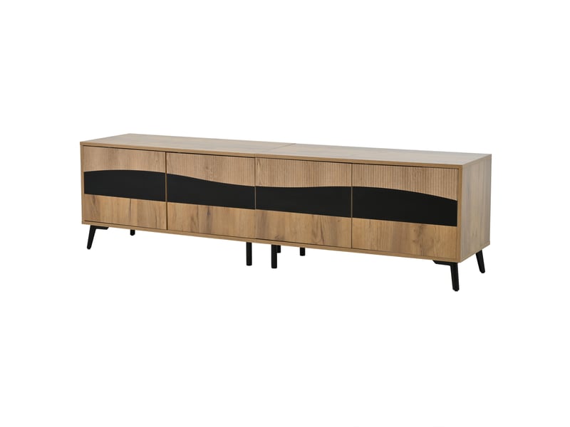  Meuble tv 180x40x50 cm, 4 portes, design symétrique, effet bois naturel et noir, panneau de particules  - Conforama R