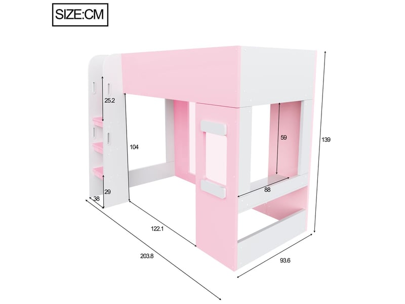  Lit ado 90 x 200 cm bureau intégré lit simple structure en bois éclairage led barrière de sécurité haute coloris rose  - Conforama C