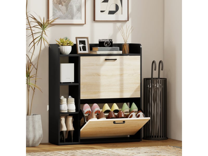  Meuble à chaussures étroit avec 2 portes 3 étagères latérales et étagères réglables pour 15 paires en bois naturel et noir  - Conforama B