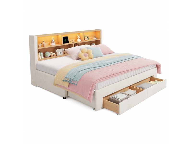  Lit banquette 90×200 cm extensible 180×200 cm, 2 tiroirs - okmyhome- usb, led et type-c, sans matelas, velours beige  - Conforama A
