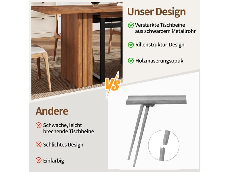  Table à manger extensible 120-160-200x80 cm pour 6 à 8 personnes, rangement caché, pieds en métal renforcés, mdf effet bois brun foncé  - Conforama E