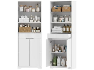 Armoire de salle de bain haute, 2 portes à fermeture amortie, tiroir, 3 compartiments ouverts et étagères réglables, blanche