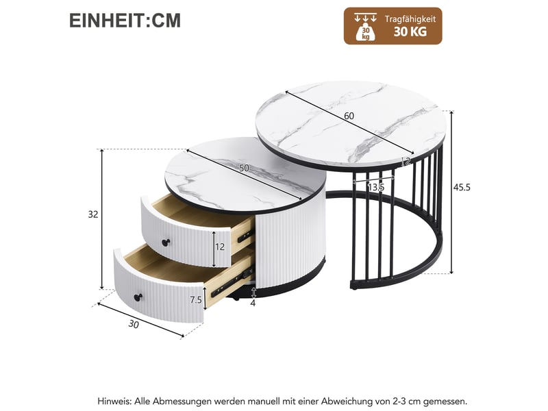  Lot de 2 tables basses gigognes rondes 60x60x45.5 cm blanc et noir, 2 tiroirs  - Conforama C