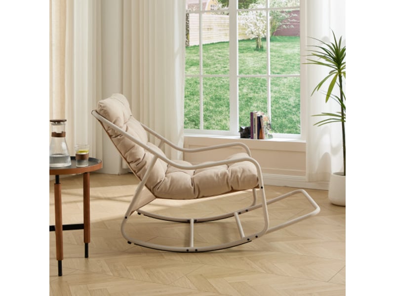 Fauteuil à bascule d’extérieur avec coussin épais et confortable, idéal pour salon, chambre et espace de lecture, structure beige avec coussin beige  - Conforama B