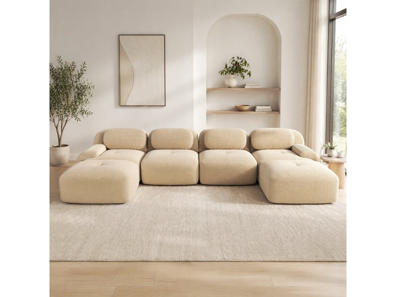  Canapé modulable en u modenvie 4 places 388 x 178 cm sans cadre en velours côtelé beige  - Conforama E