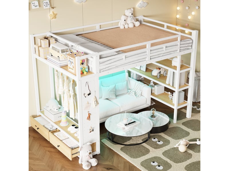 Lit mezzanine 140x200 avec rangements, échelle et led, pour adulte - Conforama R