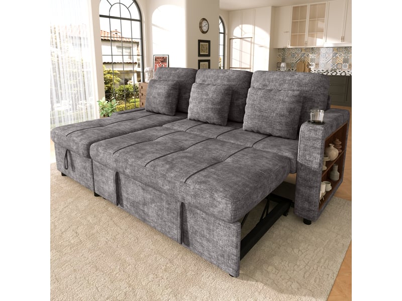 Canapé d’angle convertible en lit 201,3 cm 3 places avec méridienne coffre, porte-gobelet, étagère 2 niveaux, poches latérales, chenille gris - Conforama C