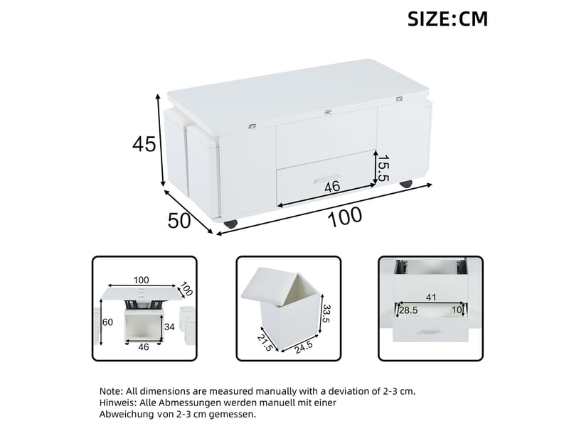  Table basse relevable extensible 100 x 50 cm avec 4 tabourets et tiroir, blanche  - Conforama C