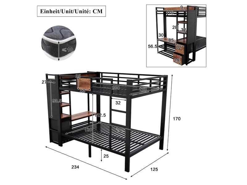  Lit superposé 120 x 200 cm, lit en métal noir avec finition effet bois, avec armoire de rangement et panneau perforé  - Conforama C