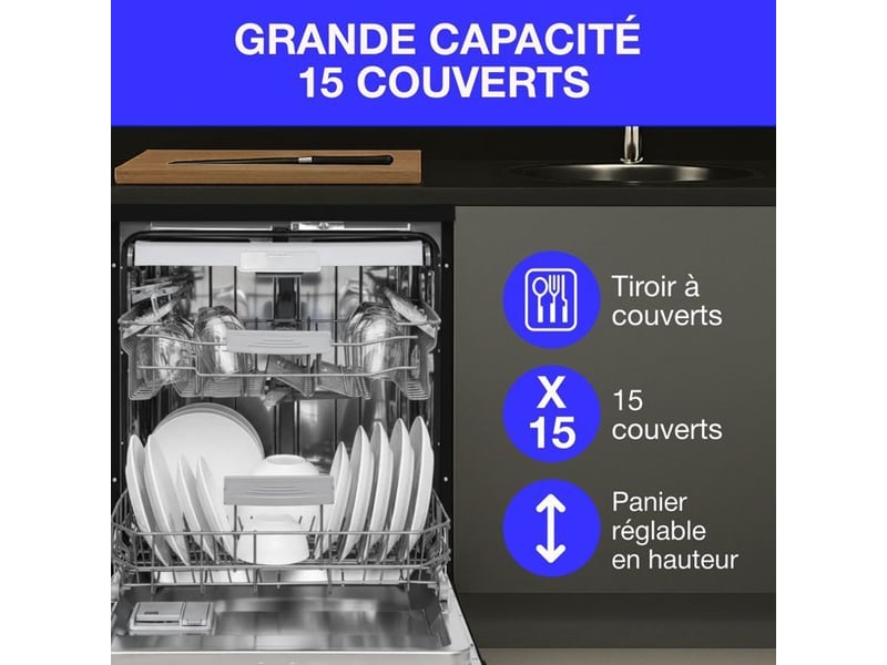 Lave-vaisselle pose libre continental edison - 15 couverts - largeur 59,8 cm - classe d - moteur induction - 39 db - noir CELV1539IB - Conforama E