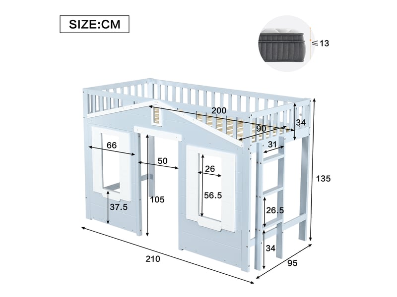  Lit mezzanine enfant 90x200 cm, rangement, escalier réversible et fenêtre décorative, mdf, blanc et bleu, sans matelas  - Conforama C