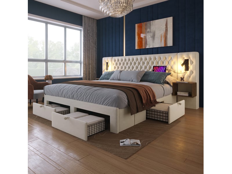 Lit double 180 × 200 cm avec 4 tiroirs, 2 chevets, lampes de lecture, usb et type-c, sans matelas, velours beige - Conforama B