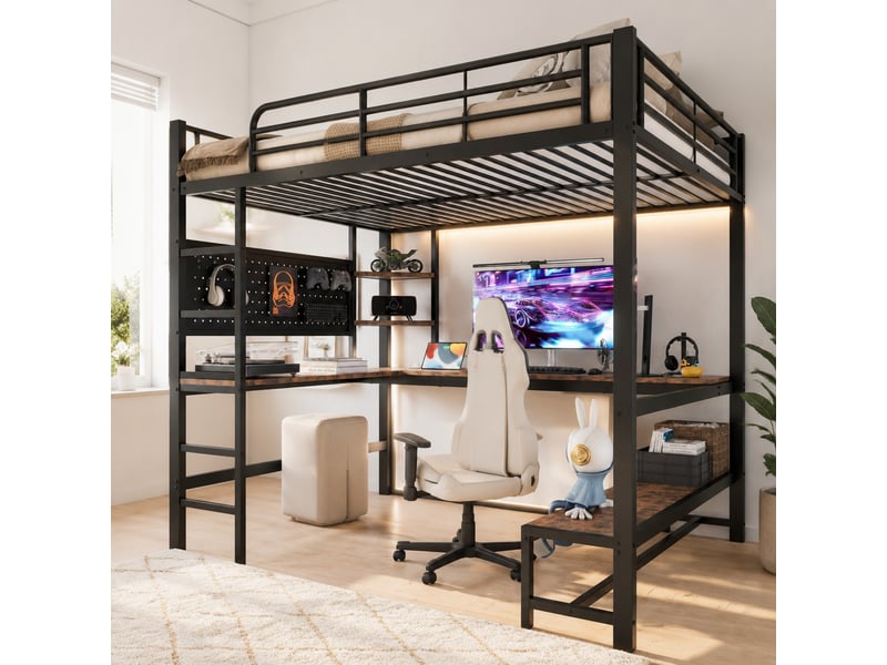  Lit mezzanine 140 x 200 cm noir avec bureau, étagères, led et prises usb type-c  - Conforama B