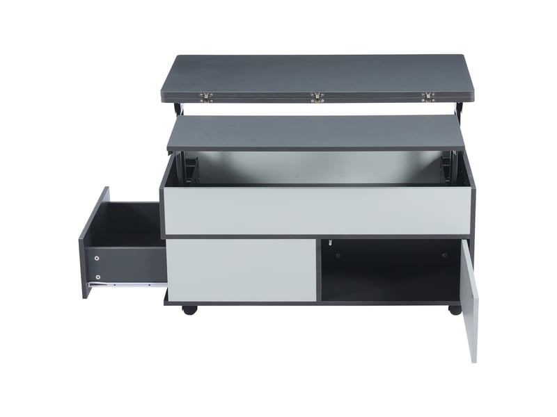  Table basse 100 x 98 x 65 cm, réglable en hauteur, avec rangement dissimulé et étagère, table de salon à roulettes et tiroirs, table à manger multifonctionnelle avec grand espace de rangement, coloris gris et blanc.  - Conforama D