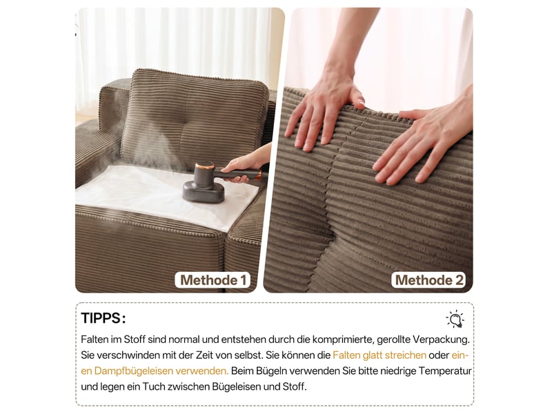 Canapé d'angle modulable 3 places avec fonction couchage et 3 poufs en velours côtelé marron, 293 × 177 × 69 cm - Conforama E