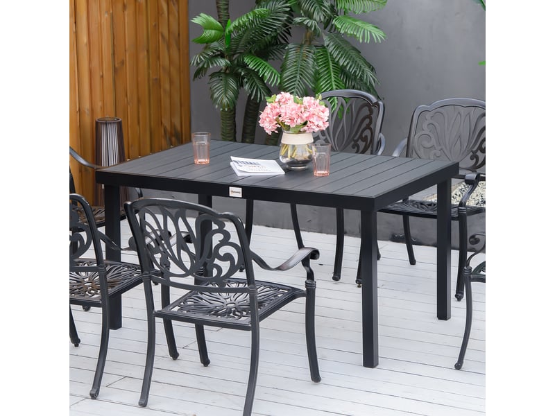 Table jardin rectangulaire 6 pers., repas extérieur 140x90x74 cm, lattes, aluminium, terrassebalcon, noire. - Conforama D