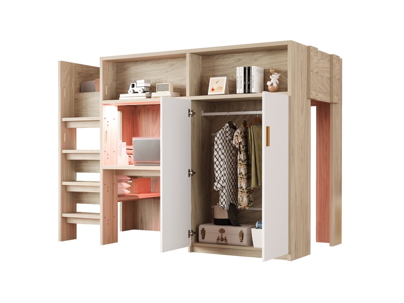 Lit mezzanine 90x200 cm avec bureau, armoire, rangements et sommier à lattes - Conforama A