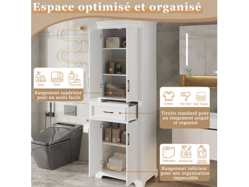 Meuble de salle de bain moderne 60x40x180 cm, portes, tiroir, tablettes réglables, armoire de rangement, mdf blanc - Conforama E