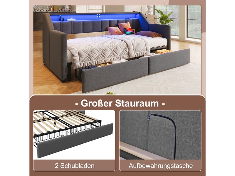  Lit de jour 90x200 gris en lin avec lit gigogne extensible 180x200, led, usb et 2 tiroirs  - Conforama E