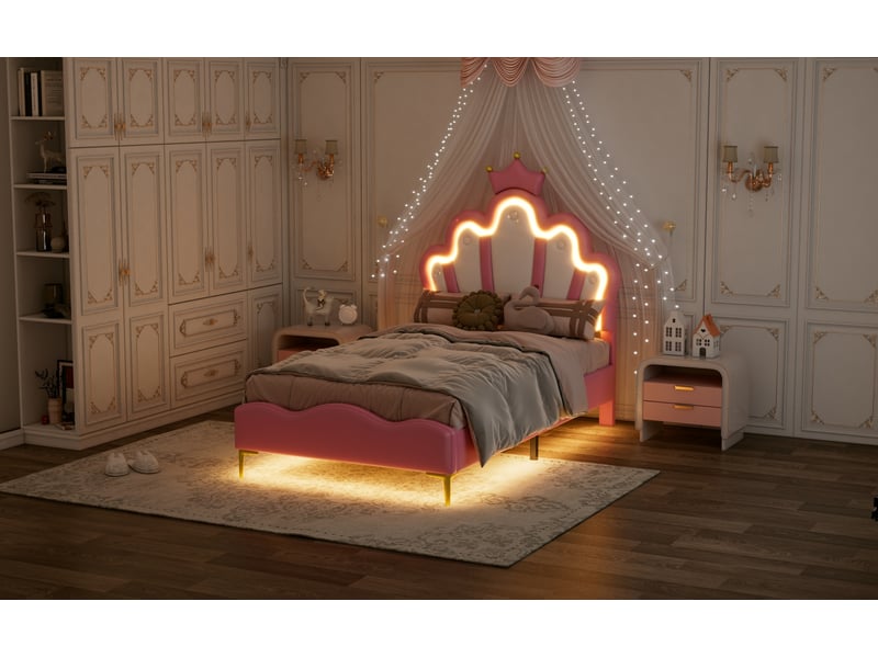  Feeohome lit enfant 90x200cm, lit pour enfant rembourré avec lumière led réglable, pour fille adolescente avec tête de fleur et sommier à lattes, sans matela (rose)  - Conforama E